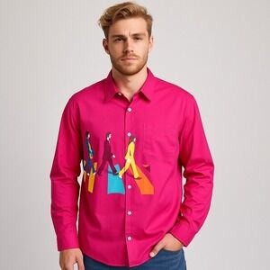 Mens 2XLThe Beatles Abbey Rd Graphic Long Sleeve Button Up Shirt Pink Polyester